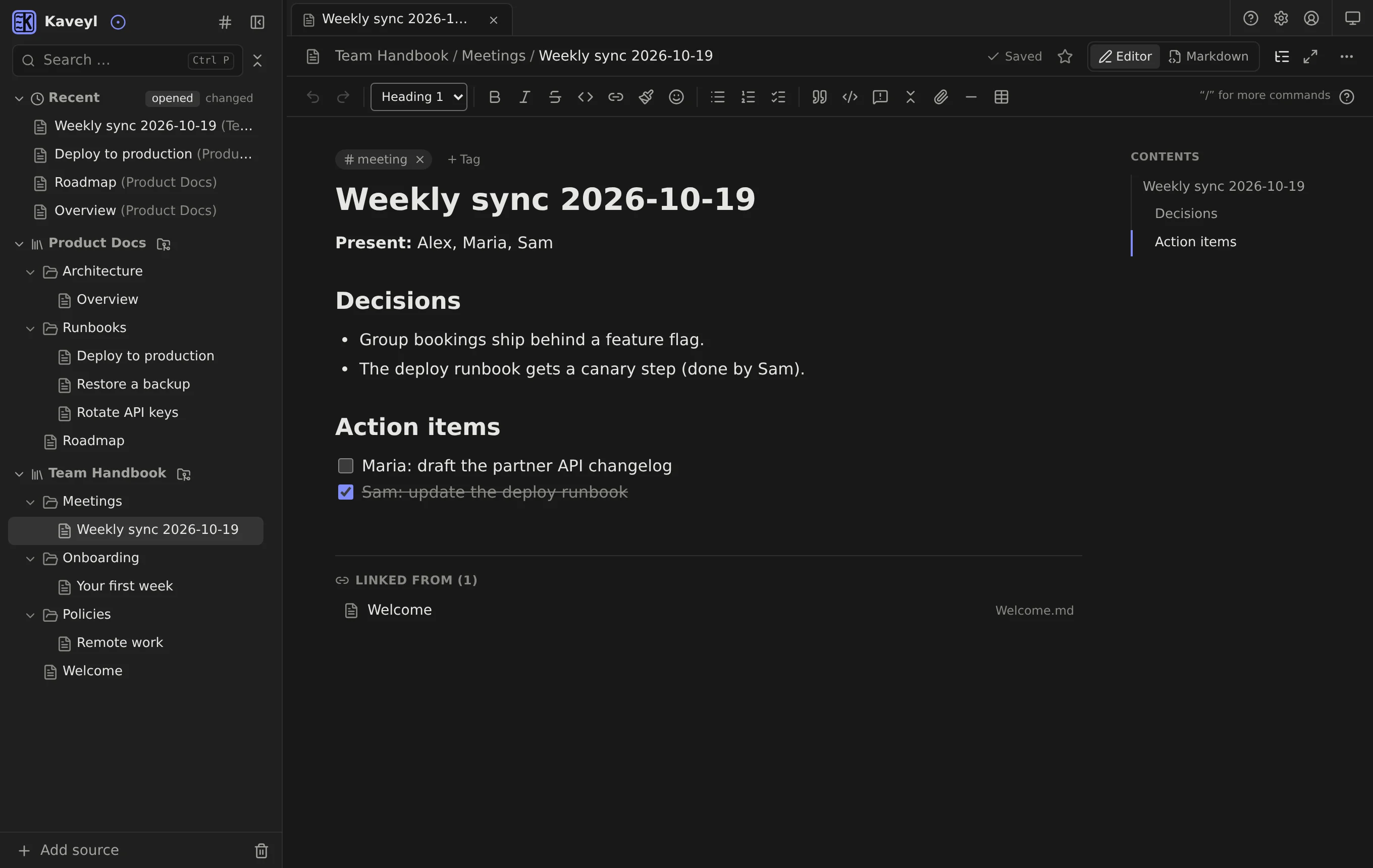 A meeting note with decisions and action items in dark mode