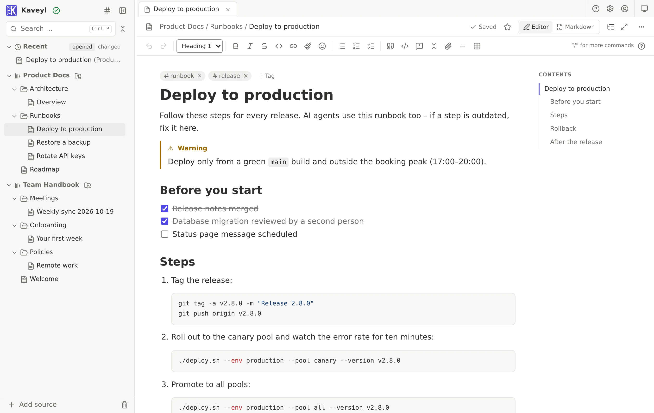 Kaveyl Wiki in the browser: the folder tree of two sources on the left, a deployment runbook with a warning callout, a checklist and code blocks in the editor, and its table of contents on the right