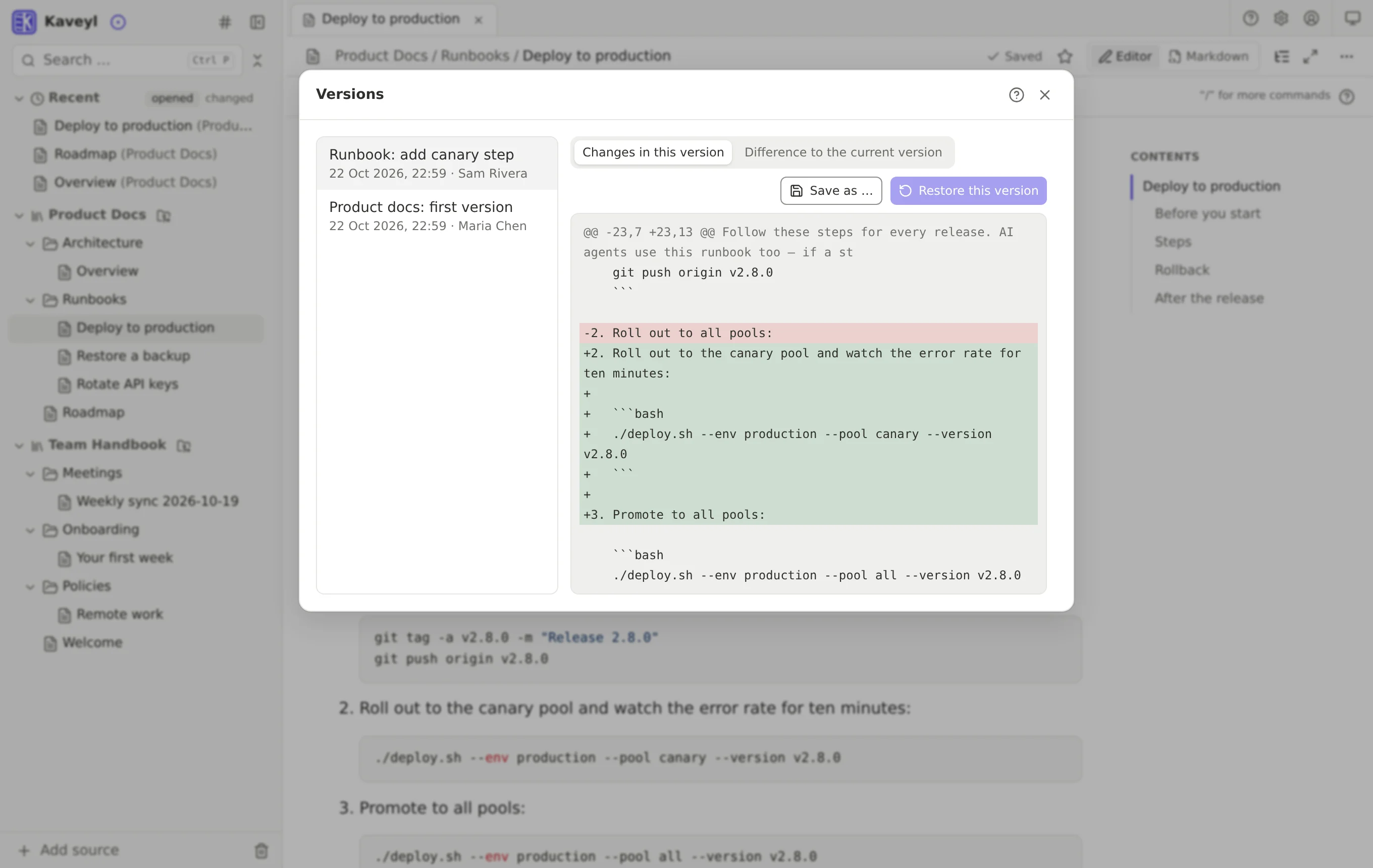 The versions of a runbook: two commits by Maria Chen and Sam Rivera, with the added canary step highlighted in green
