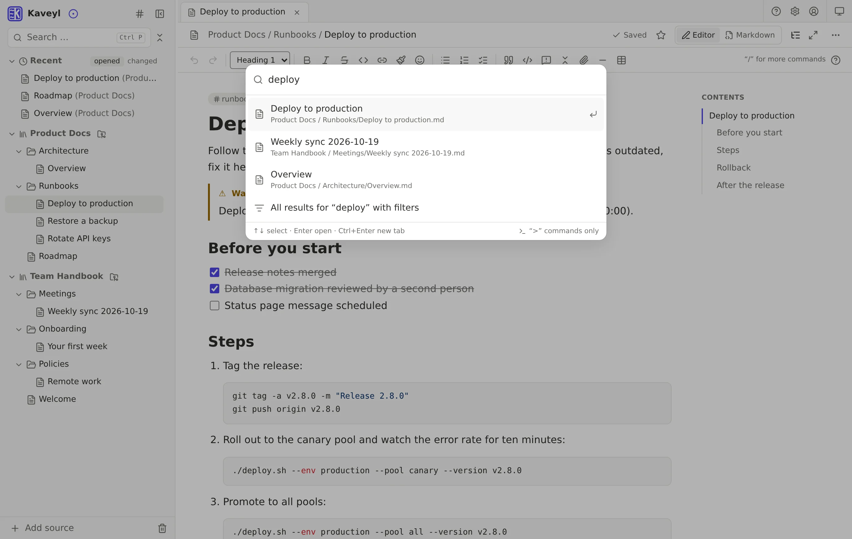 The command palette searching for “deploy” across two sources