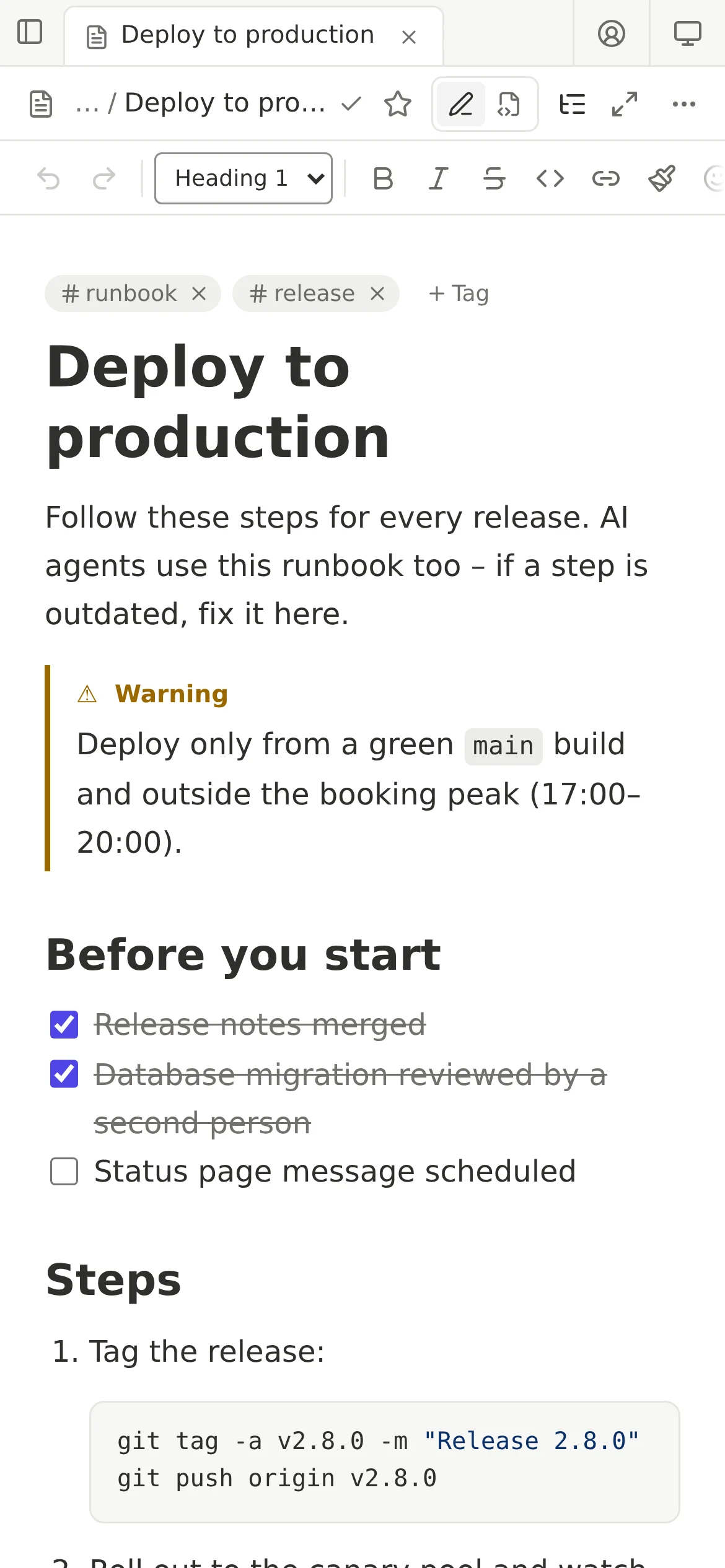 The deployment runbook on a phone