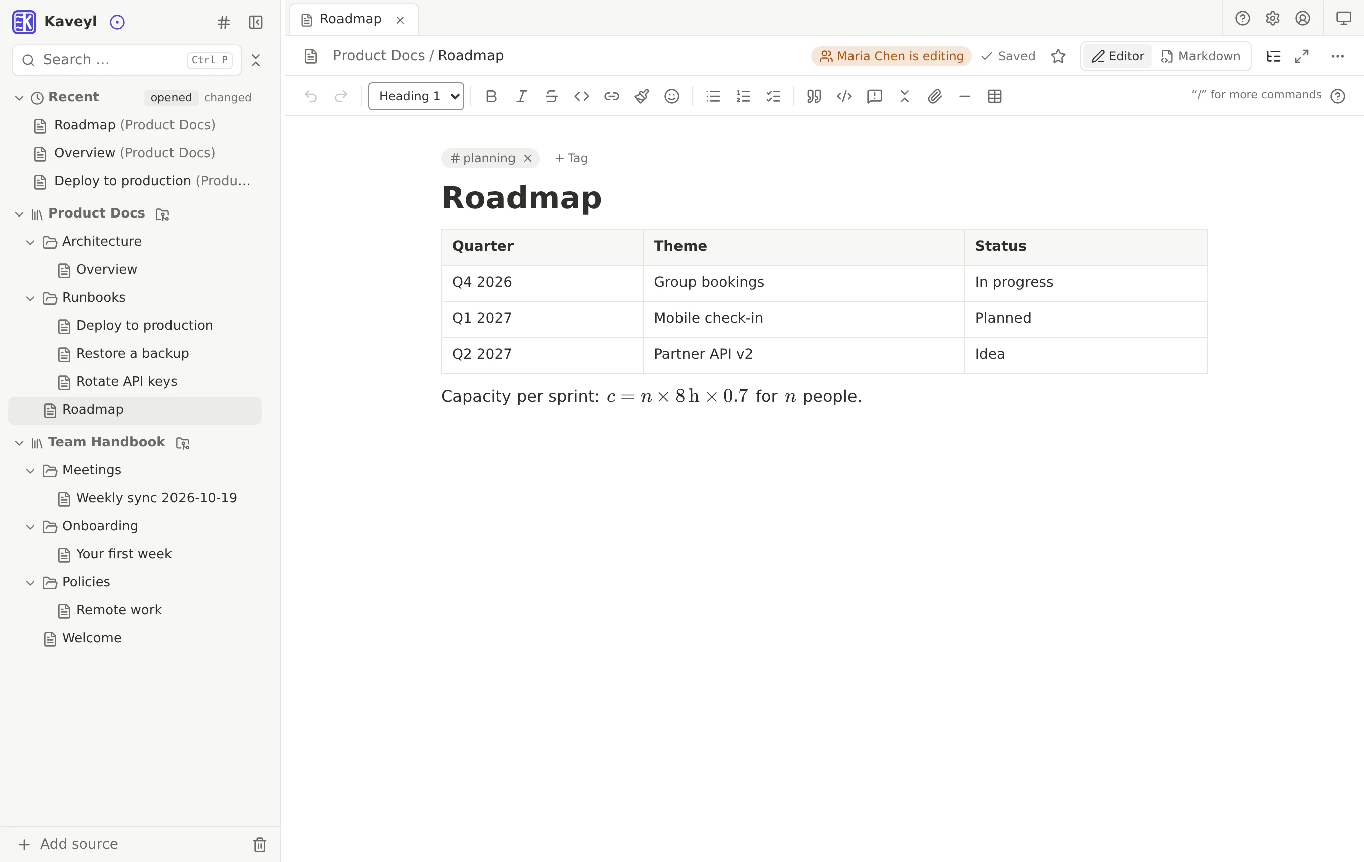 A roadmap note in Kaveyl Wiki with the notice “Maria Chen is editing” at the top